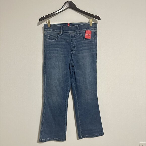 Spanx Denim Cropped Kick Flare Blue Jeans Womens Size Large Pull On High Waist - Picture 1 of 13